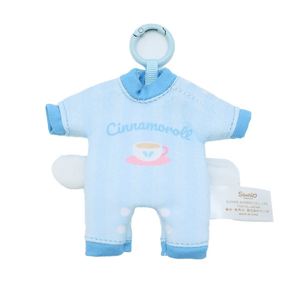 A blue Cinnamoroll baby outfit plush keychain with a carabiner clip