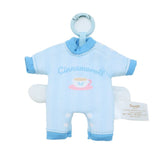 A blue Cinnamoroll baby outfit plush keychain with a carabiner clip