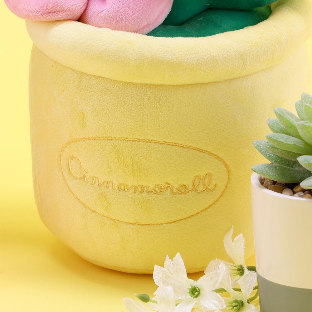 An officially licensed Sanrio plush bouquets featuring Cinnamoroll as soft, colorful flowers inside plush pots. The yellow planter is beautifully embroidered with character name.