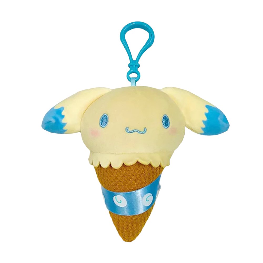 An officially licensed Sanrio Cinnamoroll plush keychain designed as an ice cream cone. The plush features a yellow scoop with blue-tipped ears, a textured brown cone with a blue ribbon, and a matching blue plastic clip.