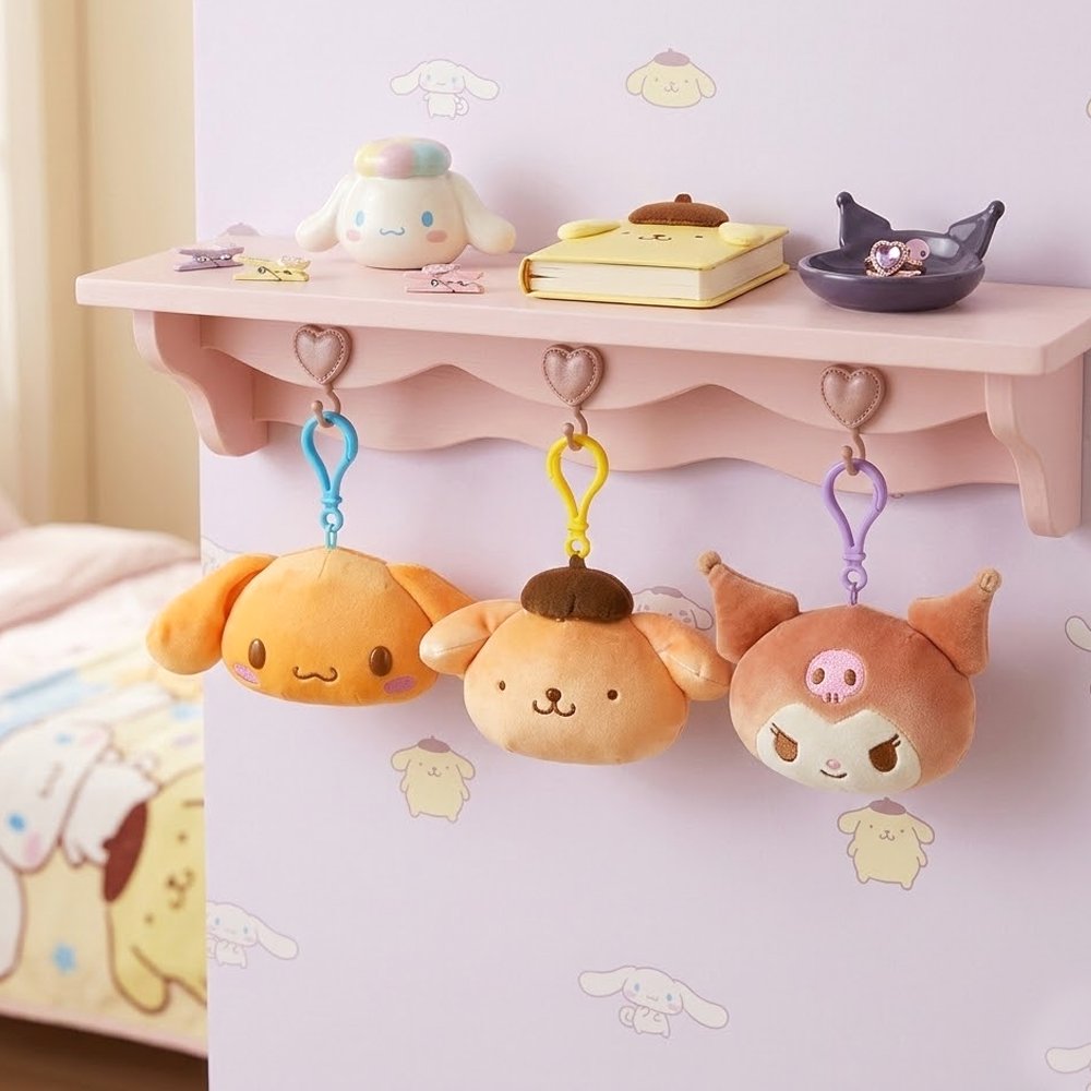 A collection of officially licensed Sanrio plush keychains featuring Kuromi, Cinnamoroll, and Pompompurin as bread buns in a golden-brown bread-like color, and matching plastic clips.
