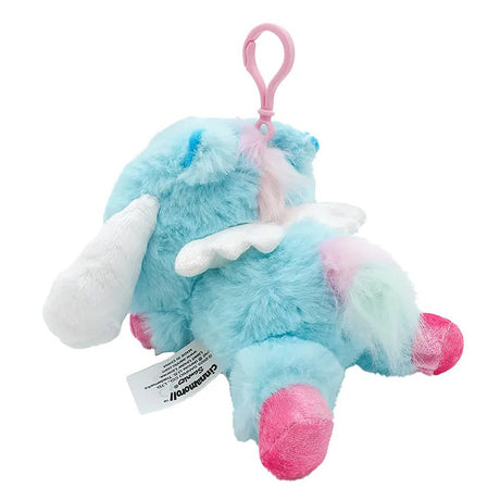 Officially licensed Cinnamoroll bag clip  plush doll wearing a Pegasus costume a super soft, fluffy blue . Features shimmering pastel colors, glittery wings, and a gorgeous rainbow tail, making it a must-have fantasy friend.. Perfect size to attach to your backpack, bag, purse, car, or pants. Ideal collectible toy for fans and Sanrio enthusiasts.