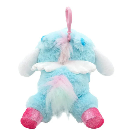 Officially licensed Cinnamoroll bag clip  plush doll wearing a Pegasus costume a super soft, fluffy blue . Features shimmering pastel colors, glittery wings, and a gorgeous rainbow tail, making it a must-have fantasy friend.. Perfect size to attach to your backpack, bag, purse, car, or pants. Ideal collectible toy for fans and Sanrio enthusiasts.