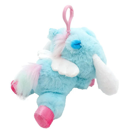 Officially licensed Cinnamoroll bag clip  plush doll wearing a Pegasus costume a super soft, fluffy blue . Features shimmering pastel colors, glittery wings, and a gorgeous rainbow tail, making it a must-have fantasy friend.. Perfect size to attach to your backpack, bag, purse, car, or pants. Ideal collectible toy for fans and Sanrio enthusiasts.