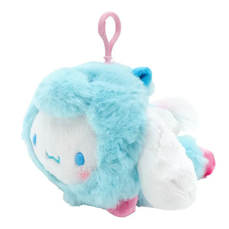 Officially licensed Cinnamoroll bag clip  plush doll wearing a Pegasus costume a super soft, fluffy blue . Features shimmering pastel colors, glittery wings, and a gorgeous rainbow tail, making it a must-have fantasy friend.. Perfect size to attach to your backpack, bag, purse, car, or pants. Ideal collectible toy for fans and Sanrio enthusiasts.
