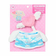 A Sanrio Pitatto Friends M-size doll outfit called the "Angel Set" on a pink polka-dot backing card. The set includes a light blue satin dress with cloud and rainbow prints, white ruffles, and blue bows. Above the dress is a pink plush heart with white wings on a stick. Large white plush wings are shown behind the dress.