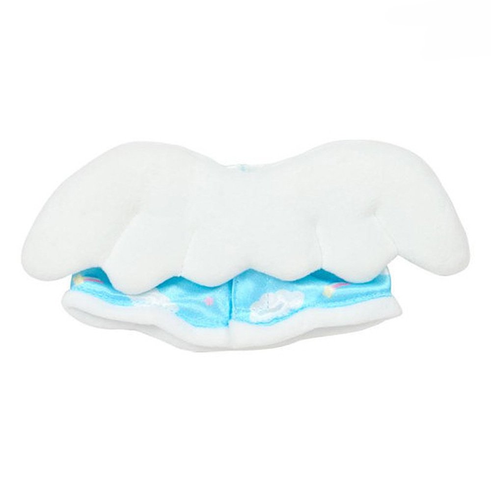 A Sanrio Pitatto Friends M-size doll outfit called the "Angel Set". The set includes a light blue satin dress with cloud and rainbow prints, white ruffles, and blue bows. Above the dress is a pink plush heart with white wings on a stick. Large white plush wings are shown behind the dress.