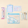 Officially licensed Sanrio Cinnamoroll stationery set featuring a clear zipper pouch, character-topped pens, sticky index memos, memo pad, random strap keychain, and a themed ruler.
