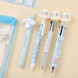 Officially licensed Sanrio Cinnamoroll stationery set featuring a clear zipper pouch, character-topped pens, sticky index memos, memo pad, random strap keychain, and a themed ruler.