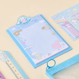 Officially licensed Sanrio Cinnamoroll stationery set featuring a clear zipper pouch, character-topped pens, sticky index memos, memo pad, random strap keychain, and a themed ruler.
