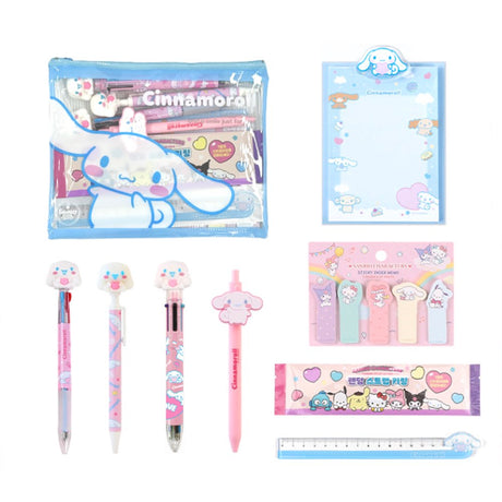 Officially licensed Sanrio Cinnamoroll stationery set featuring a clear zipper pouch, character-topped pens, sticky index memos, memo pad, random strap keychain, and a themed ruler.