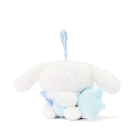 Sanrio Cinnamoroll Snow Angel mascot backpack keychain plush with iridescent bow, holding a blue snow flake. makes a great gift for Sanrio fans, plush collectors, Thanksgiving, or Christmas!