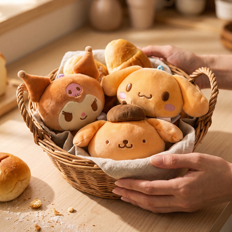 A wicker basket lined with cream fabric holds several bread Sanrio plush keychains featuring Kuromi, Cinnamoroll, and Pompompurin as bread buns in a golden-brown bread-like color, and matching plastic clips. officially licensed Sanrio