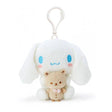 Official Sanrio Cinnamoroll with Kuma-san Mascot Plush Keychain in pure white with signature blue eyes and pink cheeks. This soft-textured white puppy is hugging a small tan bear (Kuma-san), featuring a durable white clip for backpacks. A perfect aesthetic gift for Sanrio fans and kidult collectors seeking soft-core desk accessories and nostalgic healing