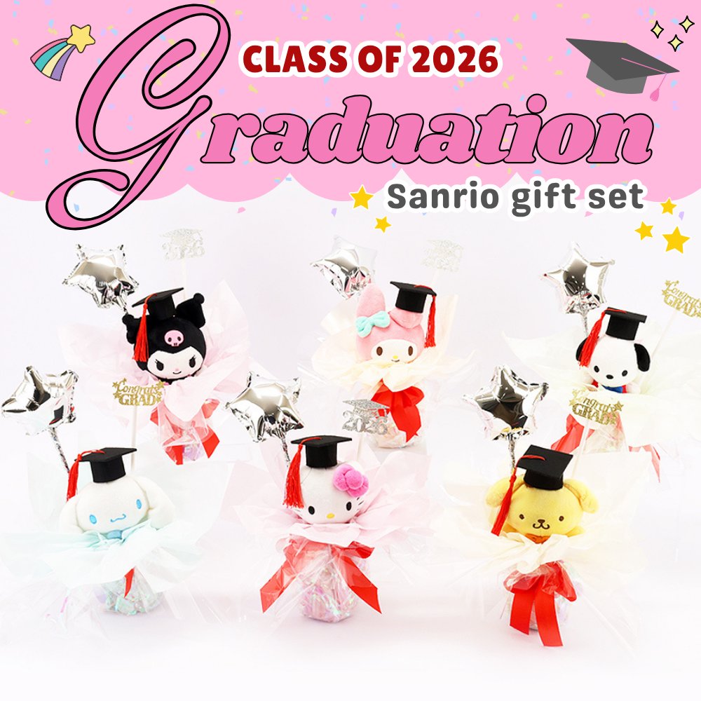 An officially licensed Class of 2026 Sanrio graduation gift set featuring six popular plush characters, Hello Kitty, My Melody, Cinnamoroll, Kuromi, Pompompurin, and Pochacco wearing black graduation caps. The characters are arranged like a bouquet with silver star balloons and "Congrats Grad" decorations.