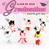 An officially licensed Class of 2026 Sanrio graduation gift set featuring six popular plush characters, Hello Kitty, My Melody, Cinnamoroll, Kuromi, Pompompurin, and Pochacco wearing black graduation caps. The characters are arranged like a bouquet with silver star balloons and "Congrats Grad" decorations.