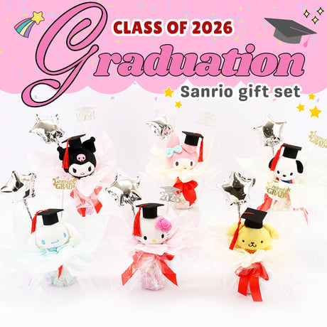 An officially licensed Class of 2026 Sanrio graduation gift set featuring six popular plush characters, Hello Kitty, My Melody, Cinnamoroll, Kuromi, Pompompurin, and Pochacco wearing black graduation caps. The characters are arranged like a bouquet with silver star balloons and "Congrats Grad" decorations.