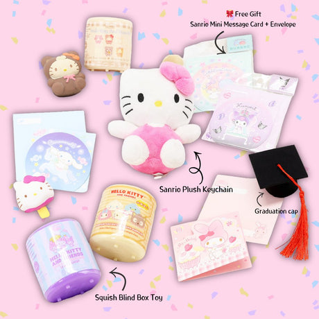 An officially licensed Class of 2026 Sanrio graduation gift set featuring six popular plush characters, Hello Kitty, My Melody, Cinnamoroll, Kuromi, Pompompurin, and Pochacco wearing black graduation caps. The characters are arranged like a bouquet with silver star balloons and "Congrats Grad" decorations.