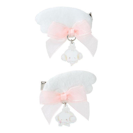 Two Cogimyun white hair angel wing bows with pink centers on a white background