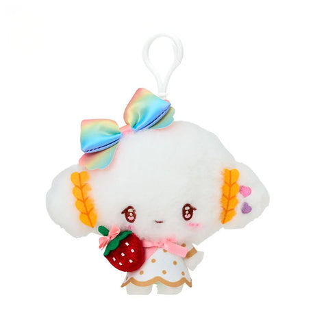 Officially licensed by Sanrio Cogimyun dressed in elegant white outfits with gold polka dots and vibrant rainbow bows, this large cast of beloved she is holding a velvet strawberry and features detailed embroidered heart accents in eyes their eyes. Perfect for adding a nautical touch of kawaii style to your bag, keys, or backpack.