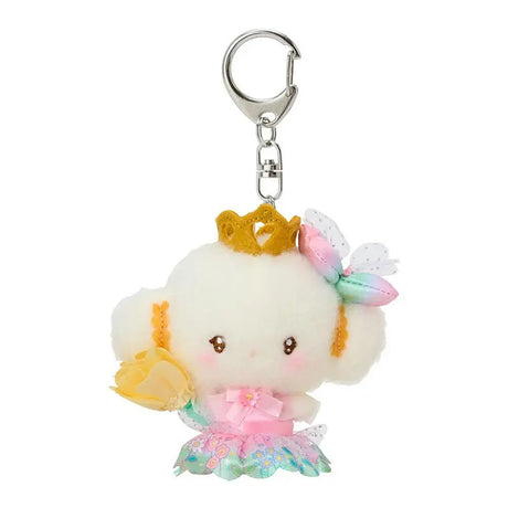 Sanrio Cogimyun plush keychain dressed as a fairy princess, featuring a golden crown, a pink and mint floral skirt, and a large yellow fabric flower, attached to a silver metal lobster clasp.
