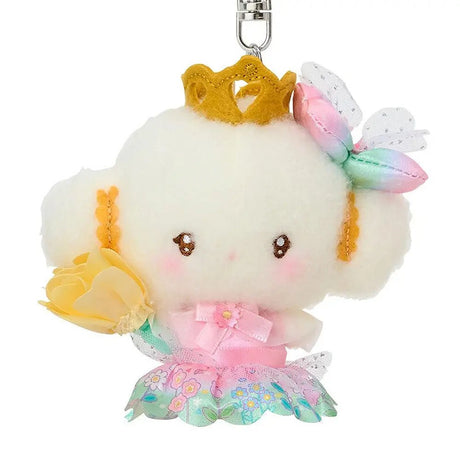 Sanrio Cogimyun plush keychain dressed as a fairy princess, featuring a golden crown, a pink and mint floral skirt, and a large yellow fabric flower, attached to a silver metal lobster clasp.