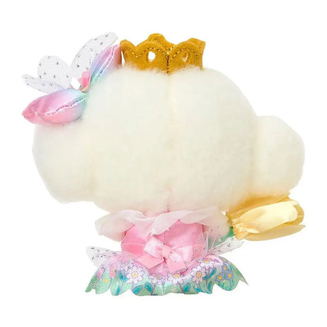 Sanrio Cogimyun plush keychain dressed as a fairy princess, featuring a golden crown, a pink and mint floral skirt, and a large yellow fabric flower, attached to a silver metal lobster clasp.