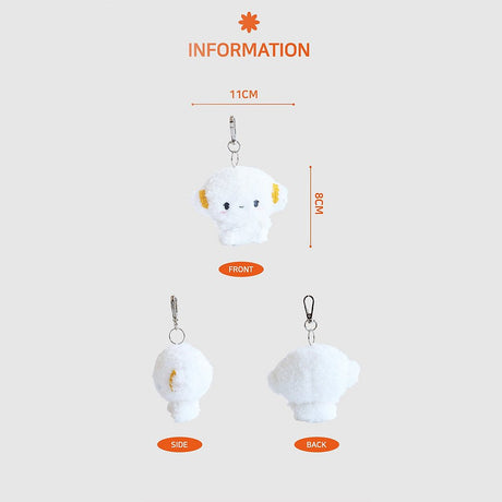 Sanrio Cogimyun plush keychain with measurements and views on a beige background