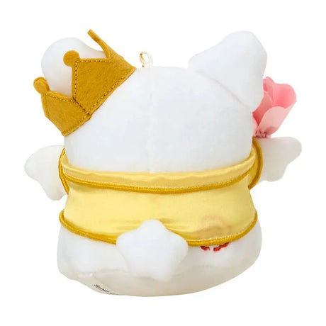 A plush keychain of the Sanrio character Hanamaruobake, a white bear with pink blush on his cheeks. He is wearing a golden crown with a white flower, a shiny yellow tuxedo jacket with gold trim, and a pastel rainbow bowtie. He holds a soft pink flower in his hand and is attached to a silver metal lobster clasp.
