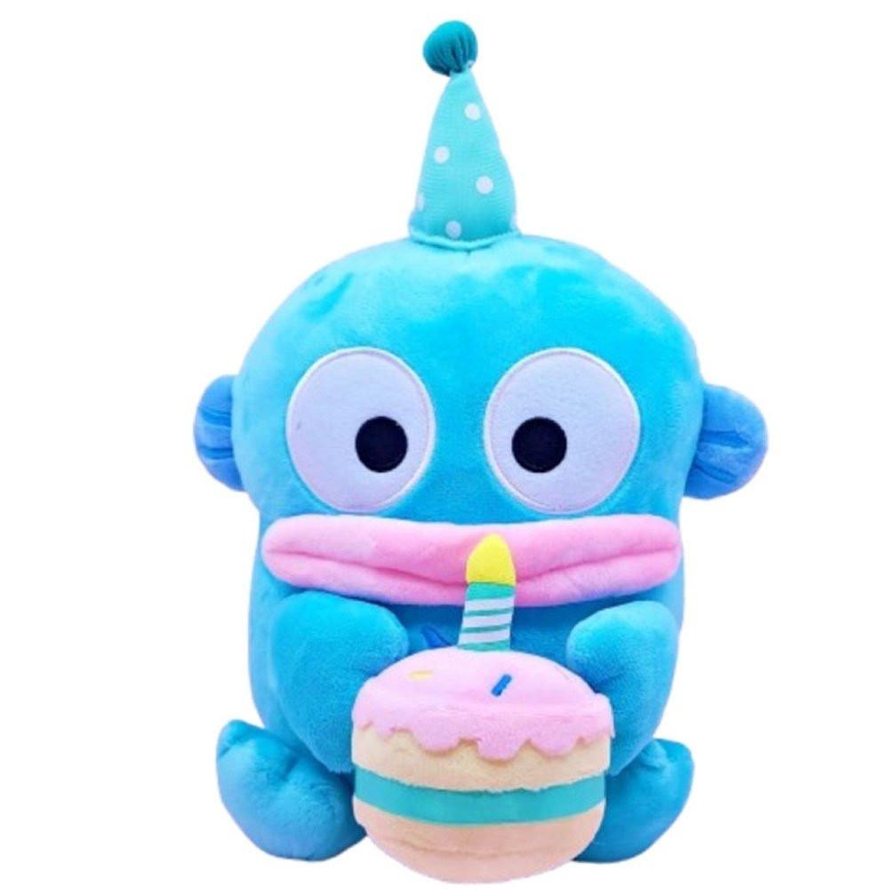 Cute Sanrio Hangyodon wearing a party hat, holding a cake.