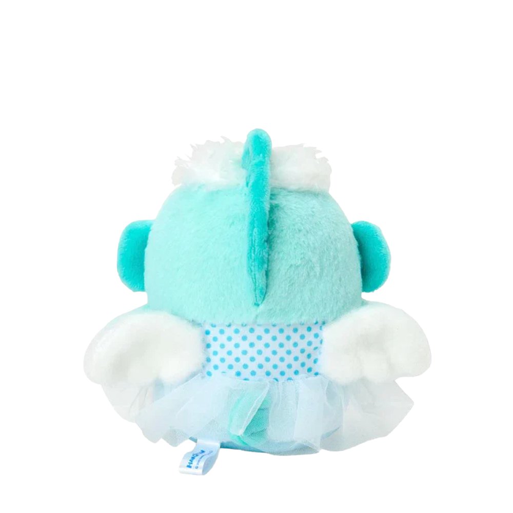 An officially licensed Sanrio Hangyodon plush keychain featuring the character in a teal ballerina tutu and polka-dot bodice with a yellow star accent. The plush includes fluffy white head trim, angel wings, and a white plastic clip for easy attachment.
