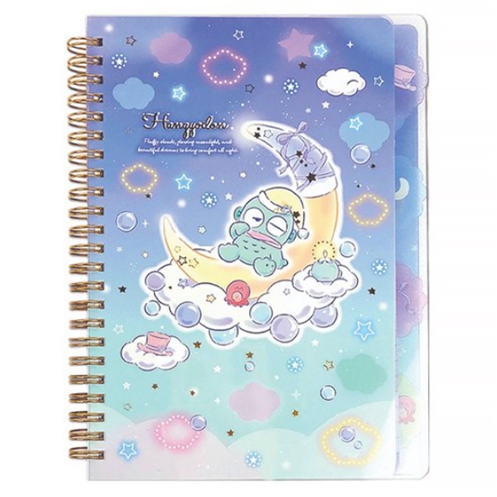 An officially licensed Sanrio Hangyodon spiral-bound notebook, featuring a glitter finish with gold stars and an illustration of Hangyodon. Includes four distinct, colorful dividers and five different interior page designs.