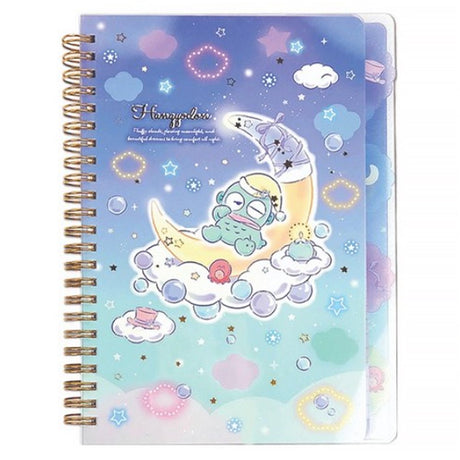 An officially licensed Sanrio Hangyodon spiral-bound notebook, featuring a glitter finish with gold stars and an illustration of Hangyodon. Includes four distinct, colorful dividers and five different interior page designs.