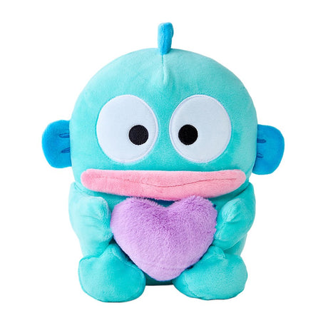 An officially licensed Hangyodon plush character in mint blue with pink lips, hugging a textured purple heart with both hands