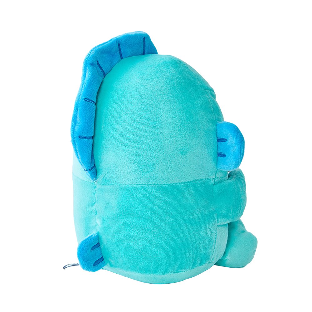 An officially licensed Hangyodon plush character in mint blue with pink lips, hugging a textured purple heart with both hands