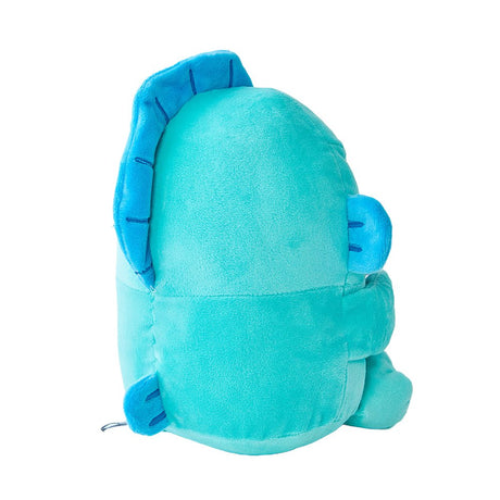 An officially licensed Hangyodon plush character in mint blue with pink lips, hugging a textured purple heart with both hands