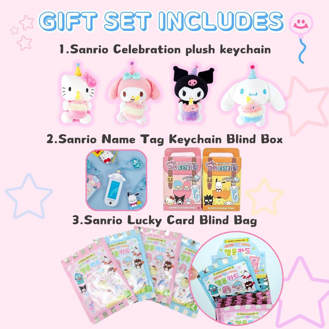 A collection of Sanrio Happy Birthday themed gift sets, each containing various colorful items such as plush keychains and socks, all packaged in clear gift bags with pink ribbons.