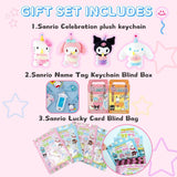 A collection of Sanrio Happy Birthday themed gift sets, each containing various colorful items such as plush keychains and socks, all packaged in clear gift bags with pink ribbons.