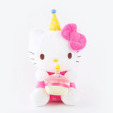 Officially licensed Sanrio Cute Hello Kitty plush wearing a party hat, holding a cake.