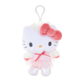 An officially licensed Sanrio Hello Kitty plush keychain featuring Hello Kitty in a pink ballerina outfit with a polka-dot bodice, a sheer tulle tutu, and soft white angel wings. The plush includes a large pink bow on her head and a white plastic clip for easy attachment.
