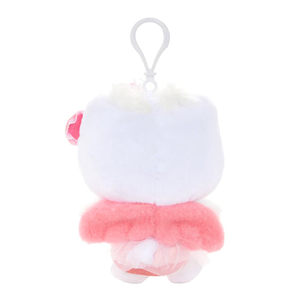 An officially licensed Sanrio Hello Kitty plush keychain featuring Hello Kitty in a pink ballerina outfit with a polka-dot bodice, a sheer tulle tutu, and soft white angel wings. The plush includes a large pink bow on her head and a white plastic clip for easy attachment.
