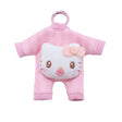 A pink Hello Kitty baby outfit plush keychain with a carabiner clip