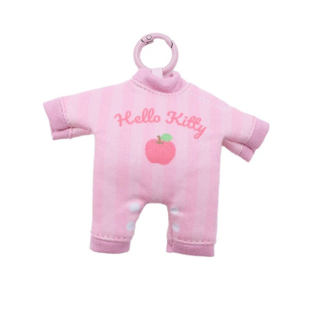 A pink Hello Kitty baby outfit plush keychain with a carabiner clip