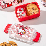 Red Sanrio Hello Kitty bento box with cookies and candies, featuring Hello Kitty design on a white background. Perfect bring your meal at school, office ,camping or picnic 