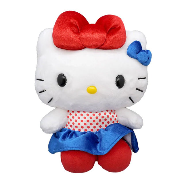 An officially licensed Hello Kitty with a Big Ribbon plush doll wearing a red and white polka dot top with a blue satin skirt and red shoes.