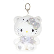 An officially licensed Sanrio Hello Kitty April birthstone plush keychain clip wearing a white bear hood, an iridescent silver bow, and a silver ribbon with a heart-shaped faux gemstone.