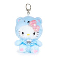 An officially licensed Sanrio Hello Kitty March birthstone plush keychain clip wearing a pastel blue bear hood, an iridescent pink bow, and a blue ribbon with a heart-shaped faux gemstone.