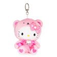 An officially licensed Sanrio Hello Kitty October birthstone plush keychain clip wearing a baby pink bear hood, a metallic pink bow, and a pink ribbon with a heart-shaped faux gemstone.
