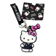 An officially licensed Sanrio Hello Kitty keychain featuring a full-body charm of Hello Kitty in a black outfit and pink bow, complete with a matching pink bow charm and a black fabric tag.