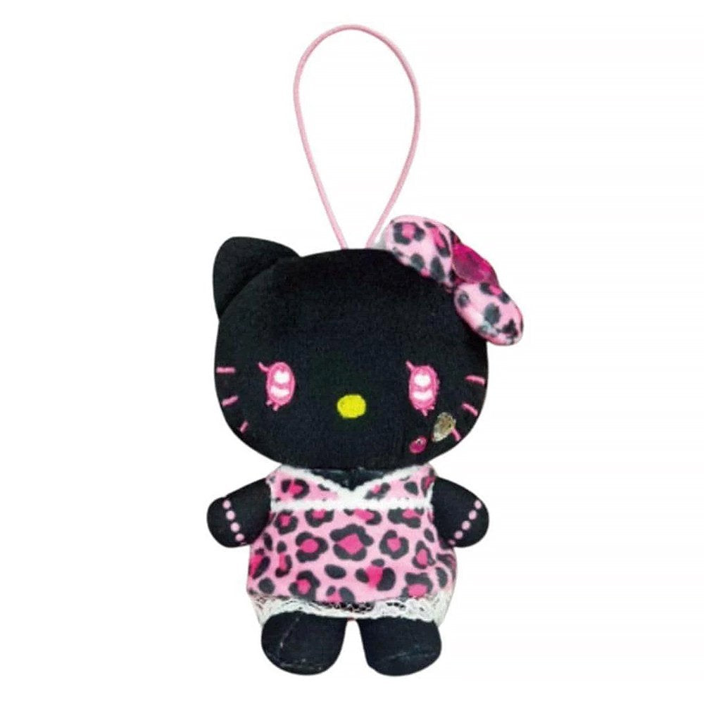 A plush keychain of a black Hello Kitty styled in "Gal" fashion, wearing a pink leopard print dress with lace trim and a matching bow. The plush features pink heart-shaped eyes, a yellow nose, and a small pink elastic loop for hanging.